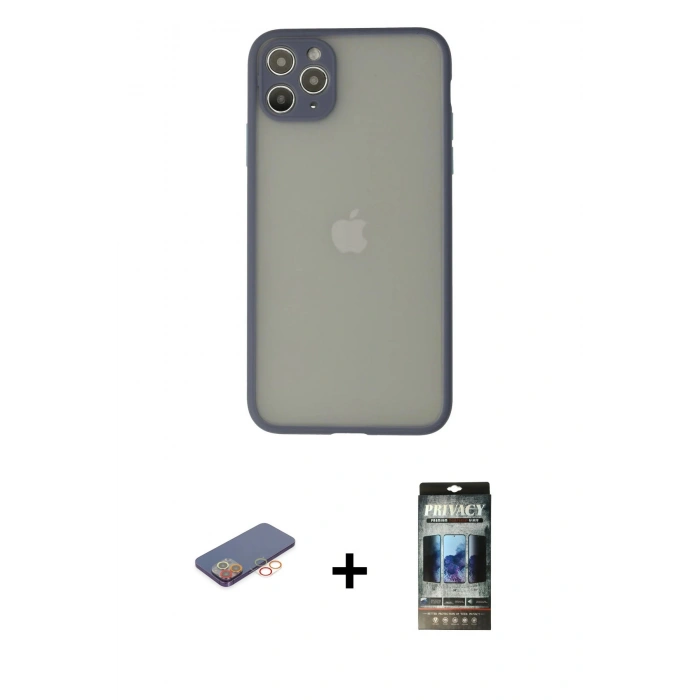 MARSİLYAN™- iPhone 12 Pro Kılıf Ahenk Çizgi Serisi - Siyah 34D Hayalet Izgaralı Cam + Turuncu Renkli Kamera Lens Koruma Cam