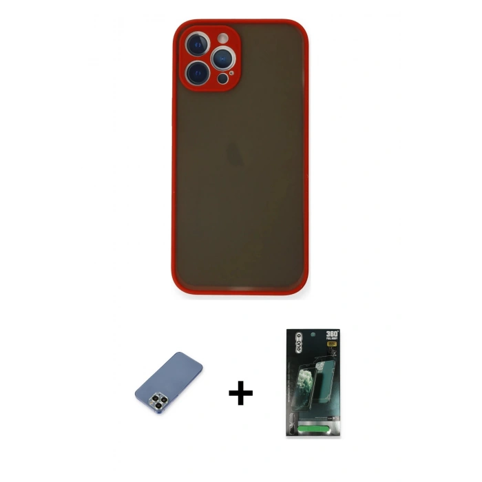 MARSİLYAN™- iPhone 12 Pro Kılıf Ahenk Çizgi Serisi - Siyah 360 Mat Full Body Arka Koruyucu + Metal Kamera Lens Koruma Cam - AKYL