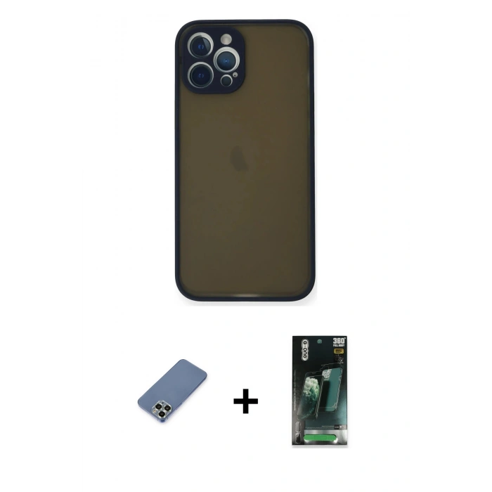 MARSİLYAN™- iPhone 12 Pro Kılıf Ahenk Çizgi Serisi - Siyah 360 Mat Full Body Arka Koruyucu + Metal Kamera Lens Koruma Cam - AKYL
