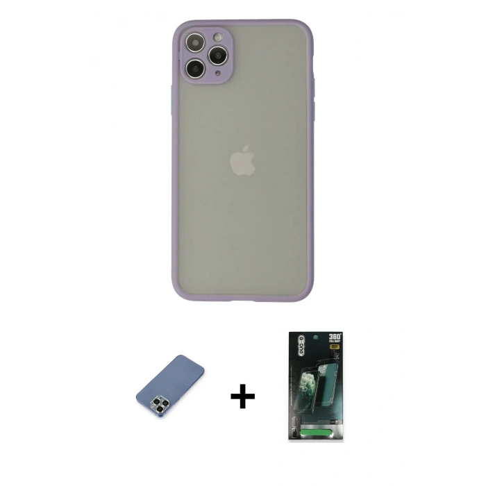MARSİLYAN™- iPhone 12 Pro Kılıf Ahenk Çizgi Serisi - Siyah 360 Mat Full Body Arka Koruyucu + Metal Kamera Lens Koruma Cam - AKYL