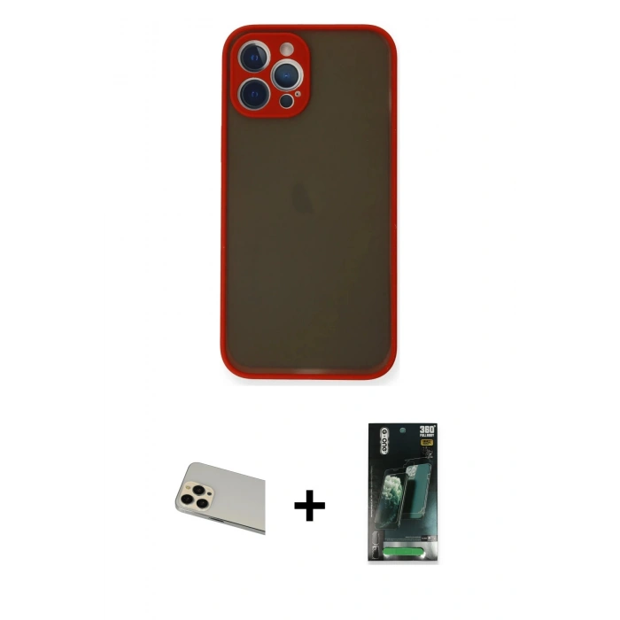 MARSİLYAN™- iPhone 12 Pro Kılıf Ahenk Çizgi Serisi - Siyah 360 Mat Full Body Arka Koruyucu + Rainbow Kamera Lens Koruma Cam - GD