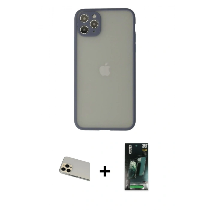 MARSİLYAN™- iPhone 12 Pro Kılıf Ahenk Çizgi Serisi - Siyah 360 Mat Full Body Arka Koruyucu + Rainbow Kamera Lens Koruma Cam - GD