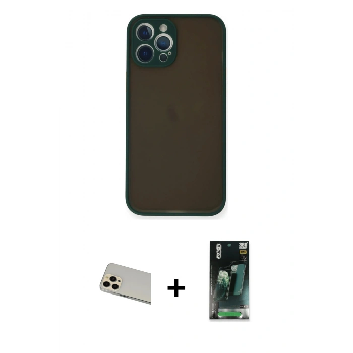 MARSİLYAN™- iPhone 12 Pro Kılıf Ahenk Çizgi Serisi - Siyah 360 Mat Full Body Arka Koruyucu + Rainbow Kamera Lens Koruma Cam - GD