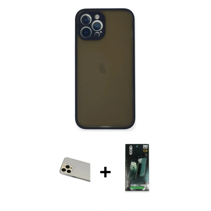 MARSİLYAN™- iPhone 12 Pro Kılıf Ahenk Çizgi Serisi - Siyah 360 Mat Full Body Arka Koruyucu + Rainbow Kamera Lens Koruma Cam - GD