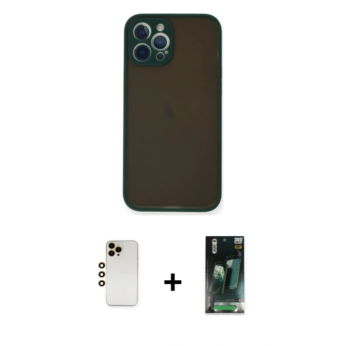 MARSİLYAN™- iPhone 12 Pro Kılıf Ahenk Çizgi Serisi - Siyah 360 Mat Full Body Arka Koruyucu + Shine Kamera Lens - GD