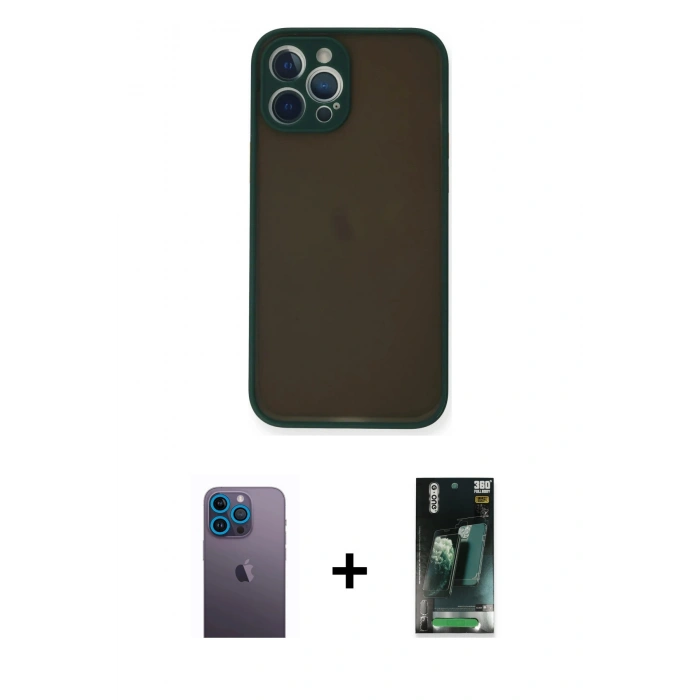 MARSİLYAN™- iPhone 12 Pro Kılıf Ahenk Çizgi Serisi - Siyah 360 Mat Full Body Arka Koruyucu + Neon Fosforlu Kamera Lens - MI