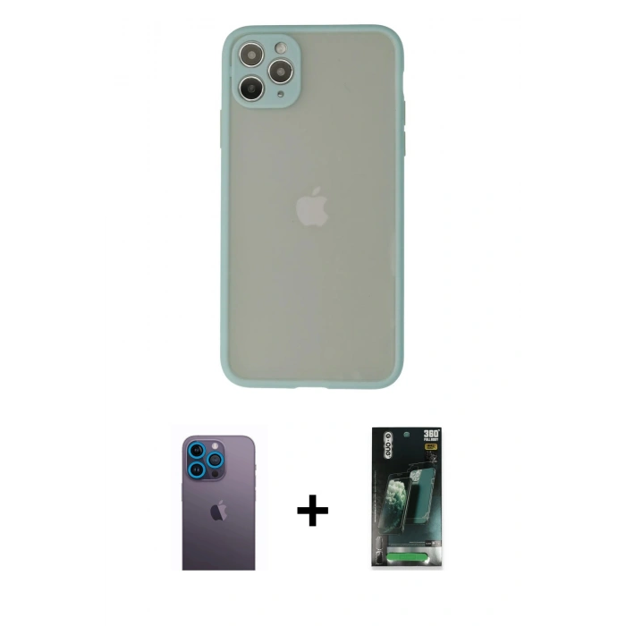 MARSİLYAN™- iPhone 12 Pro Kılıf Ahenk Çizgi Serisi - Siyah 360 Mat Full Body Arka Koruyucu + Neon Fosforlu Kamera Lens - MI