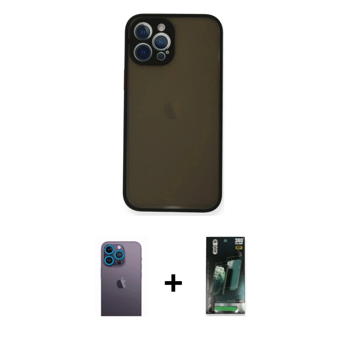 MARSİLYAN™- iPhone 12 Pro Kılıf Ahenk Çizgi Serisi - Siyah 360 Mat Full Body Arka Koruyucu + Neon Fosforlu Kamera Lens - MI