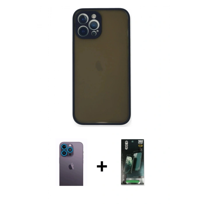 MARSİLYAN™- iPhone 12 Pro Kılıf Ahenk Çizgi Serisi - Siyah 360 Mat Full Body Arka Koruyucu + Neon Fosforlu Kamera Lens - MI