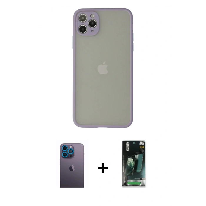 MARSİLYAN™- iPhone 12 Pro Kılıf Ahenk Çizgi Serisi - Siyah 360 Mat Full Body Arka Koruyucu + Neon Fosforlu Kamera Lens - MI
