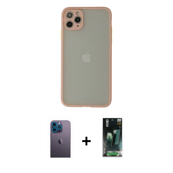 MARSİLYAN™- iPhone 12 Pro Kılıf Ahenk Çizgi Serisi - Siyah 360 Mat Full Body Arka Koruyucu + Neon Fosforlu Kamera Lens - MI