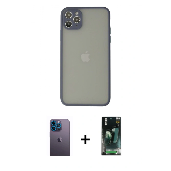 MARSİLYAN™- iPhone 12 Pro Kılıf Ahenk Çizgi Serisi - Siyah 360 Mat Full Body Arka Koruyucu + Neon Fosforlu Kamera Lens - MI