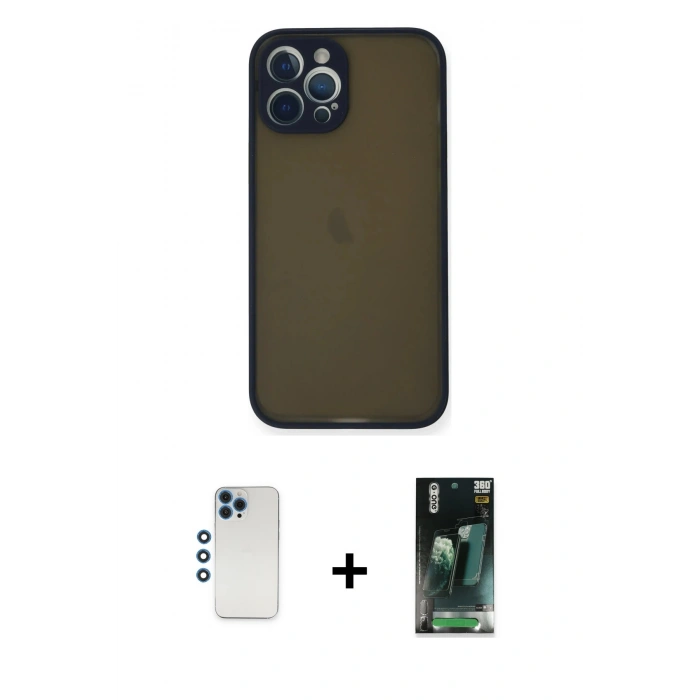 MARSİLYAN™- iPhone 12 Pro Kılıf Ahenk Çizgi Serisi - Siyah 360 Mat Full Body Arka Koruyucu + Shine Kamera Lens - MI