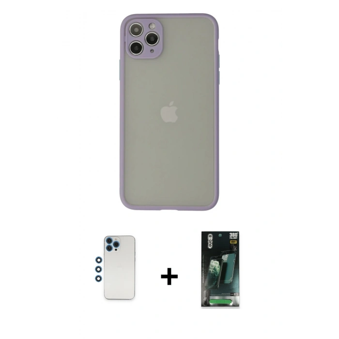 MARSİLYAN™- iPhone 12 Pro Kılıf Ahenk Çizgi Serisi - Siyah 360 Mat Full Body Arka Koruyucu + Shine Kamera Lens - MI