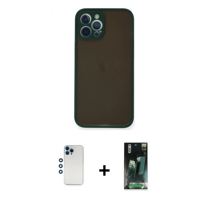MARSİLYAN™- iPhone 12 Pro Kılıf Ahenk Çizgi Serisi - Siyah 360 Mat Full Body Arka Koruyucu + Shine Kamera Lens - MI