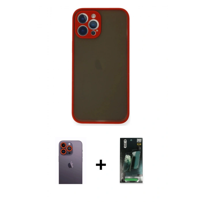 MARSİLYAN™- iPhone 12 Pro Kılıf Ahenk Çizgi Serisi - Siyah 360 Mat Full Body Arka Koruyucu + Neon Fosforlu Kamera Lens - TU