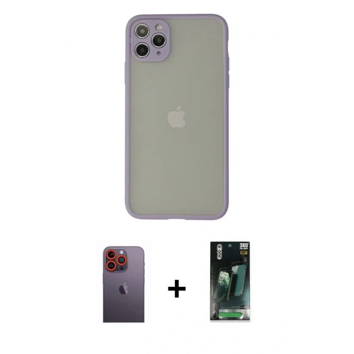 MARSİLYAN™- iPhone 12 Pro Kılıf Ahenk Çizgi Serisi - Siyah 360 Mat Full Body Arka Koruyucu + Neon Fosforlu Kamera Lens - TU