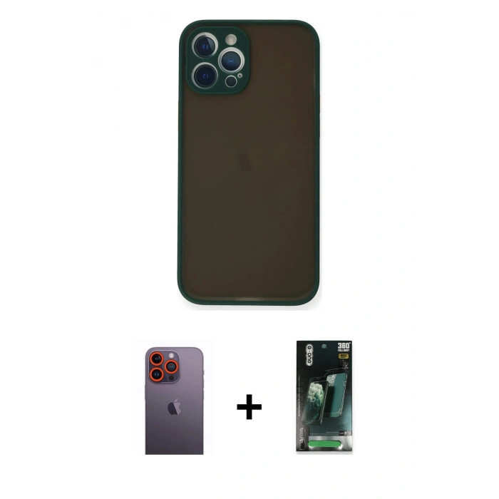 MARSİLYAN™- iPhone 12 Pro Kılıf Ahenk Çizgi Serisi - Siyah 360 Mat Full Body Arka Koruyucu + Neon Fosforlu Kamera Lens - TU