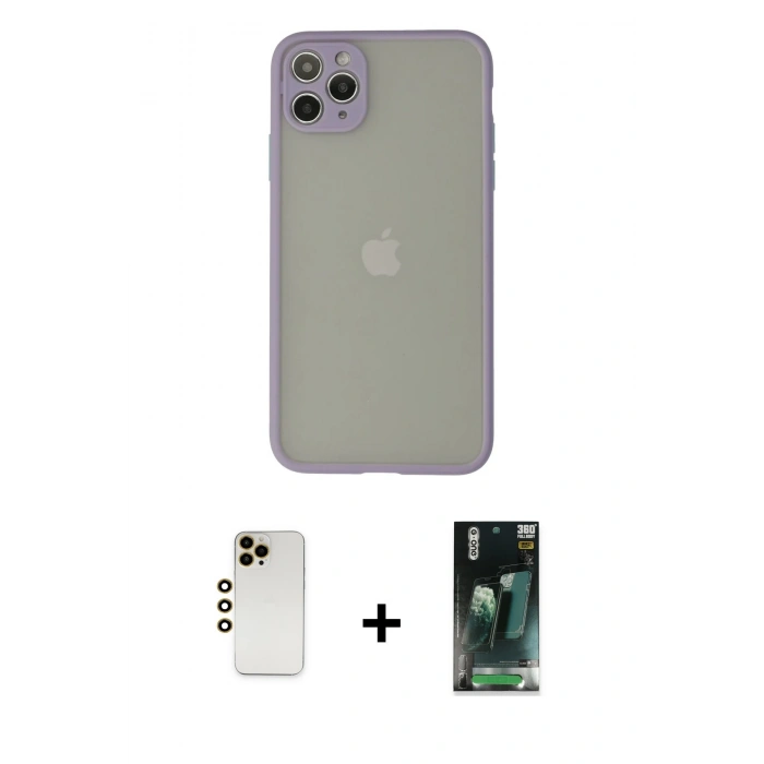 MARSİLYAN™- iPhone 12 Pro Kılıf Ahenk Çizgi Serisi - Siyah 360 Mat Full Body Arka Koruyucu + Shine Kamera Lens - GD