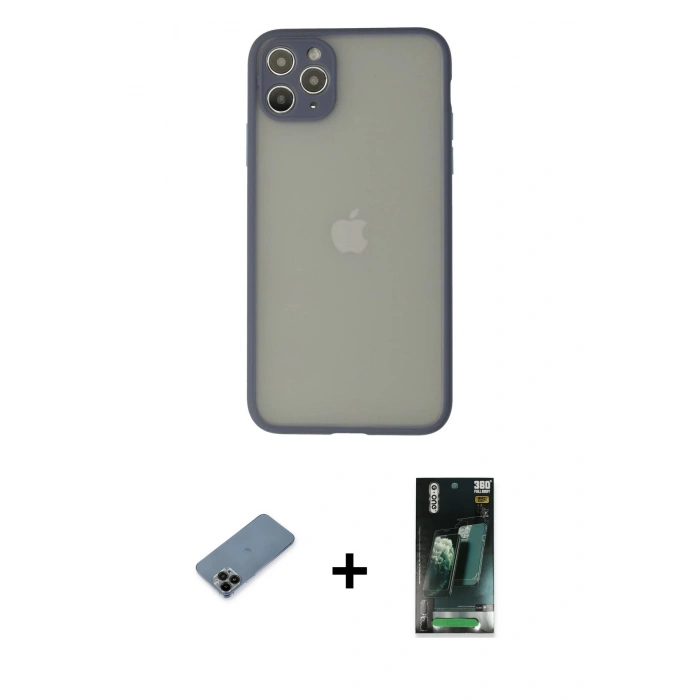 MARSİLYAN™- iPhone 12 Pro Kılıf Ahenk Çizgi Serisi - Siyah 360 Mat Full Body Arka Koruyucu + Shine Kamera Lens Koruma Cam - SH
