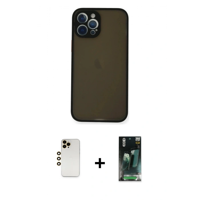 MARSİLYAN™- iPhone 12 Pro Kılıf Ahenk Çizgi Serisi - Siyah 360 Mat Full Body Arka Koruyucu + Shine Kamera Lens - GD