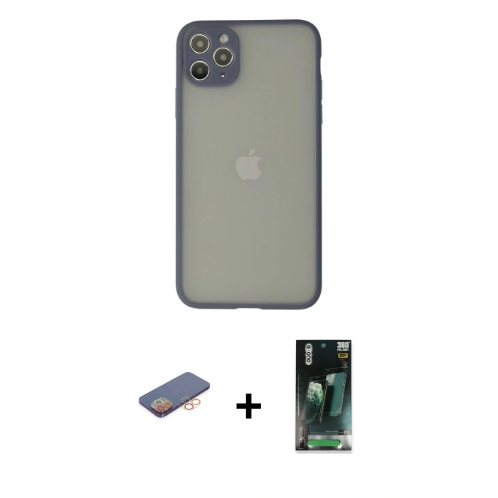 MARSİLYAN™- iPhone 12 Pro Kılıf Ahenk Çizgi Serisi - Siyah 360 Mat Full Body Arka Koruyucu + Renkli Kamera Lens Koruma Cam - TU