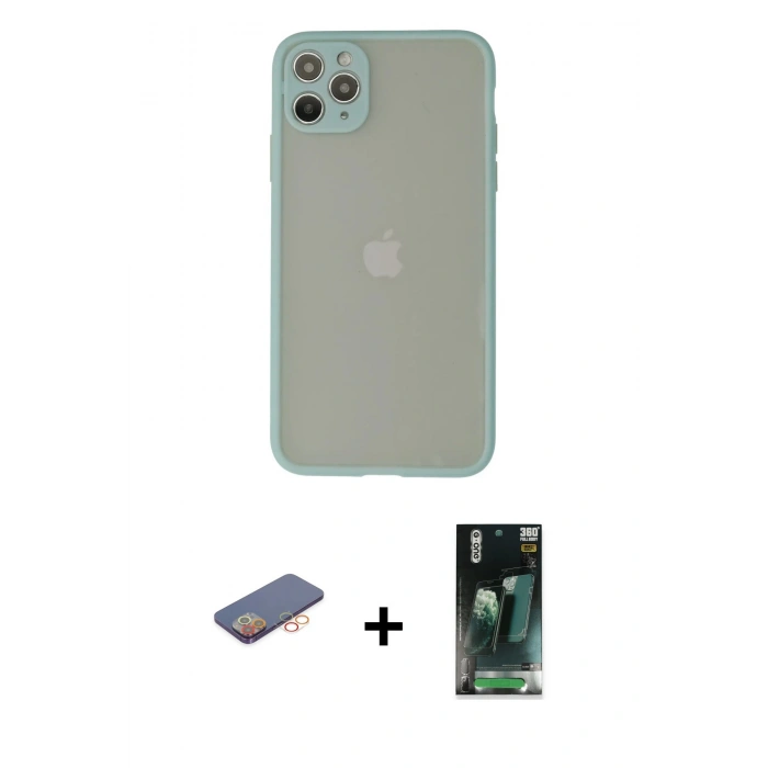 MARSİLYAN™- iPhone 12 Pro Kılıf Ahenk Çizgi Serisi - Siyah 360 Mat Full Body Arka Koruyucu + Renkli Kamera Lens Koruma Cam - TU