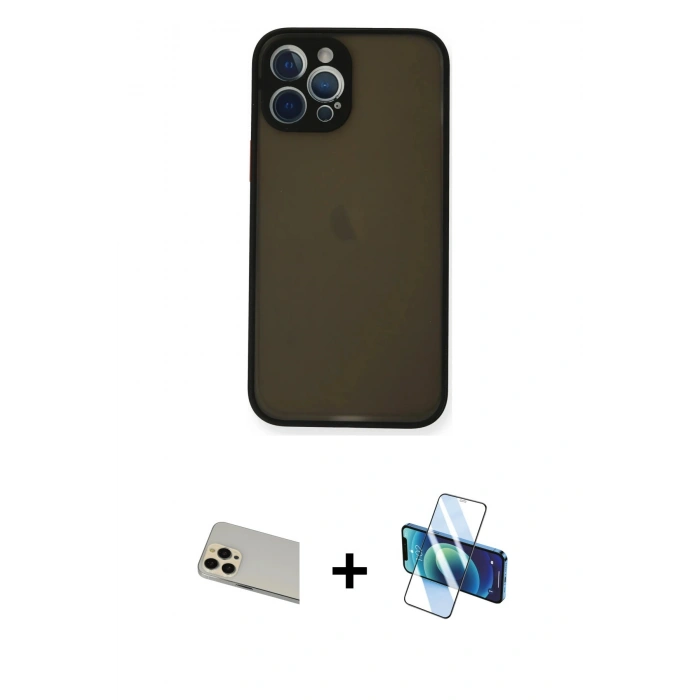 MARSİLYAN™- iPhone 12 Pro Kılıf Ahenk Çizgi Serisi - Siyah 3D Antistatik Cam Ekran Koruyucu + Rainbow Kamera Lens Koruma Cam - GD