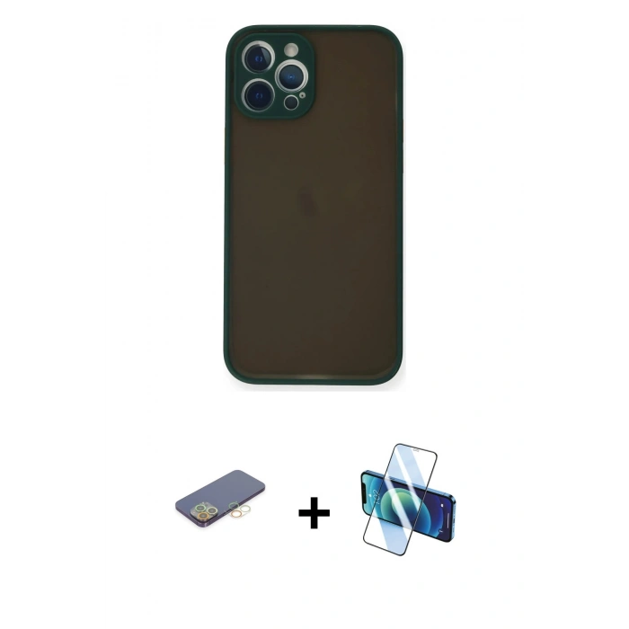 MARSİLYAN™- iPhone 12 Pro Kılıf Ahenk Çizgi Serisi - Siyah 3D Antistatik Cam Ekran Koruyucu + Renkli Kamera Lens Koruma Cam - SI