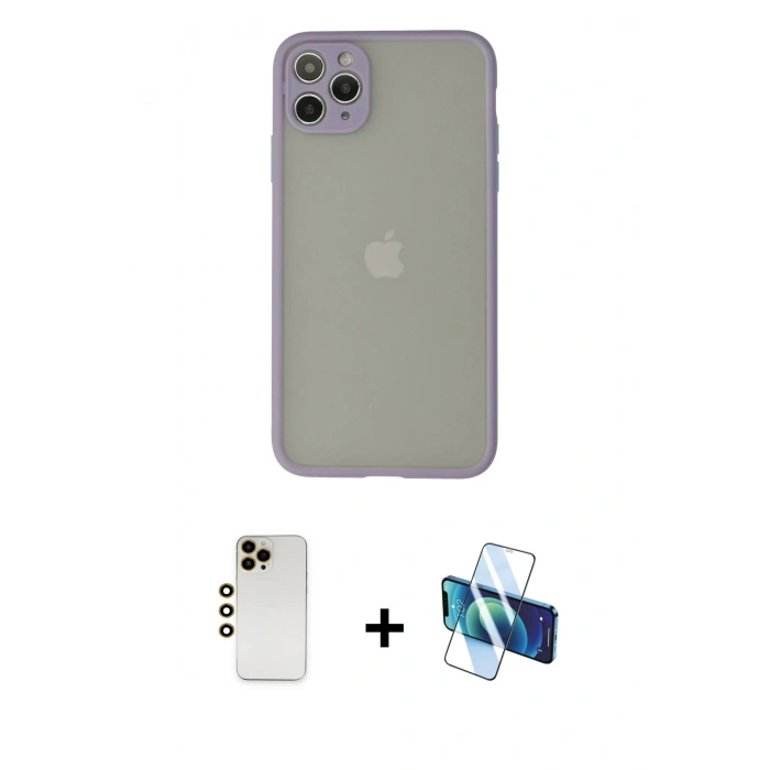 MARSİLYAN™- iPhone 12 Pro Kılıf Ahenk Çizgi Serisi - Siyah 3D Antistatik Cam Ekran Koruyucu + Shine Kamera Lens - GD