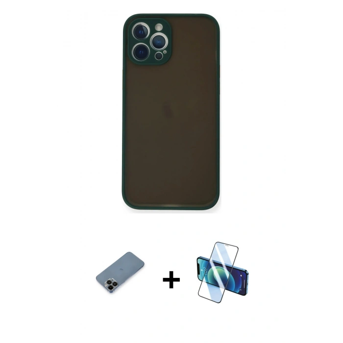 MARSİLYAN™- iPhone 12 Pro Kılıf Ahenk Çizgi Serisi - Siyah 3D Antistatik Cam Ekran Koruyucu + Shine Kamera Lens Koruma Cam - SH
