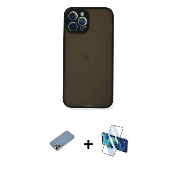 MARSİLYAN™- iPhone 12 Pro Kılıf Ahenk Çizgi Serisi - Siyah 3D Antistatik Cam Ekran Koruyucu + Shine Kamera Lens Koruma Cam - GS