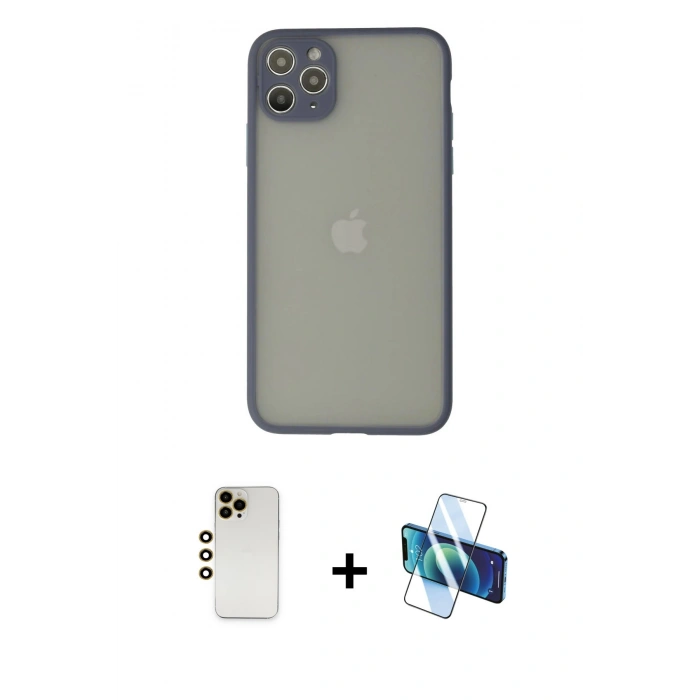 MARSİLYAN™- iPhone 12 Pro Kılıf Ahenk Çizgi Serisi - Siyah 3D Antistatik Cam Ekran Koruyucu + Shine Kamera Lens - GD