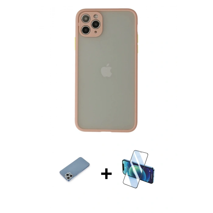 MARSİLYAN™- iPhone 12 Pro Kılıf Ahenk Çizgi Serisi - Siyah 3D Antistatik Cam Ekran Koruyucu + Shine Kamera Lens Koruma Cam - GS
