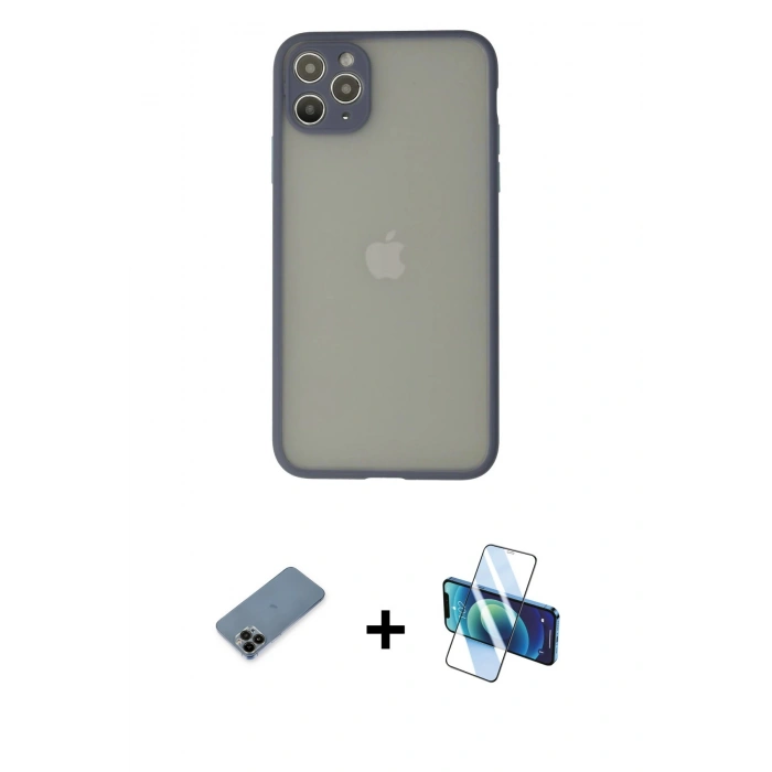 MARSİLYAN™- iPhone 12 Pro Kılıf Ahenk Çizgi Serisi - Siyah 3D Antistatik Cam Ekran Koruyucu + Shine Kamera Lens Koruma Cam - SH