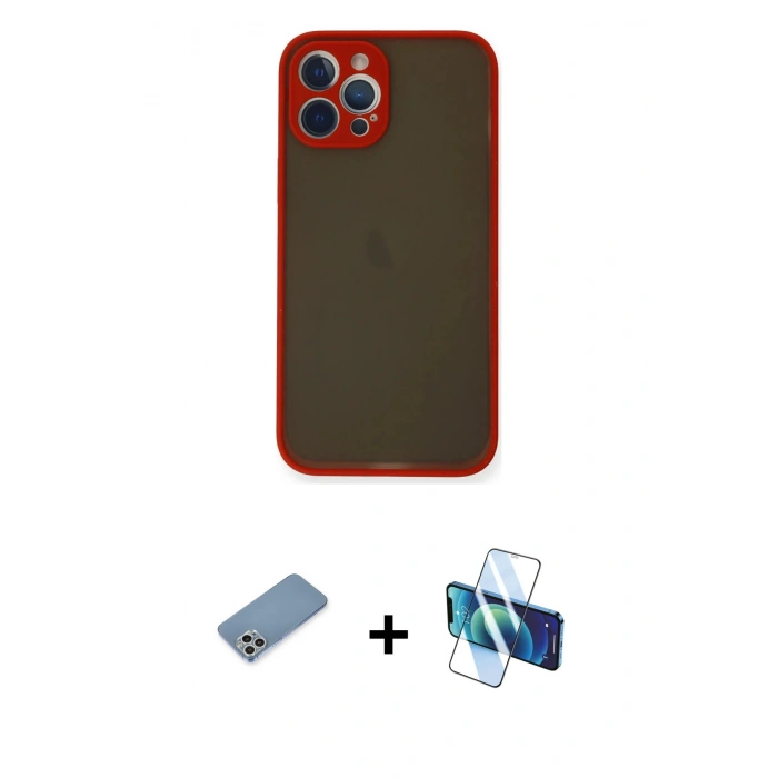 MARSİLYAN™- iPhone 12 Pro Kılıf Ahenk Çizgi Serisi - Siyah 3D Antistatik Cam Ekran Koruyucu + Shine Kamera Lens Koruma Cam - GS