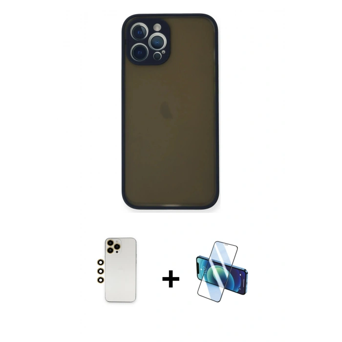 MARSİLYAN™- iPhone 12 Pro Kılıf Ahenk Çizgi Serisi - Siyah 3D Antistatik Cam Ekran Koruyucu + Shine Kamera Lens - GD