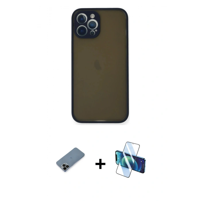 MARSİLYAN™- iPhone 12 Pro Kılıf Ahenk Çizgi Serisi - Siyah 3D Antistatik Cam Ekran Koruyucu + Shine Kamera Lens Koruma Cam - SH