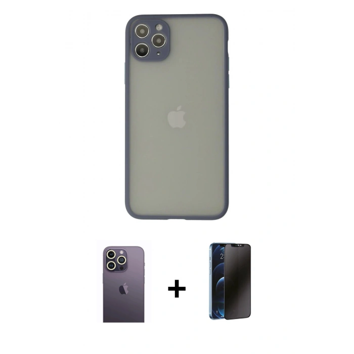 MARSİLYAN™- iPhone 12 Pro Kılıf Ahenk Çizgi Serisi - Siyah 3D Antistatik Hayalet Cam Ekran Koruyucu + Neon Fosforlu Kamera Lens - BZ