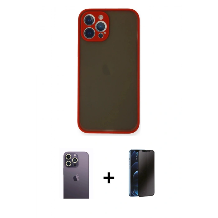 MARSİLYAN™- iPhone 12 Pro Kılıf Ahenk Çizgi Serisi - Siyah 3D Antistatik Hayalet Cam Ekran Koruyucu + Neon Fosforlu Kamera Lens - BZ