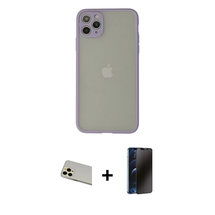 MARSİLYAN™- iPhone 12 Pro Kılıf Ahenk Çizgi Serisi - Siyah 3D Antistatik Hayalet Cam Ekran Koruyucu + Rainbow Kamera Lens Koruma Cam - GD