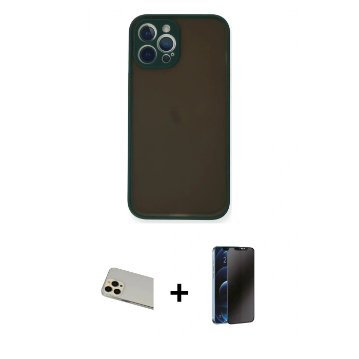 MARSİLYAN™- iPhone 12 Pro Kılıf Ahenk Çizgi Serisi - Siyah 3D Antistatik Hayalet Cam Ekran Koruyucu + Rainbow Kamera Lens Koruma Cam - GD