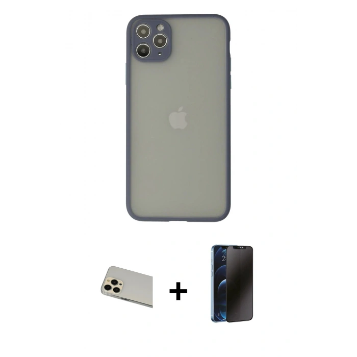 MARSİLYAN™- iPhone 12 Pro Kılıf Ahenk Çizgi Serisi - Siyah 3D Antistatik Hayalet Cam Ekran Koruyucu + Rainbow Kamera Lens Koruma Cam - GD