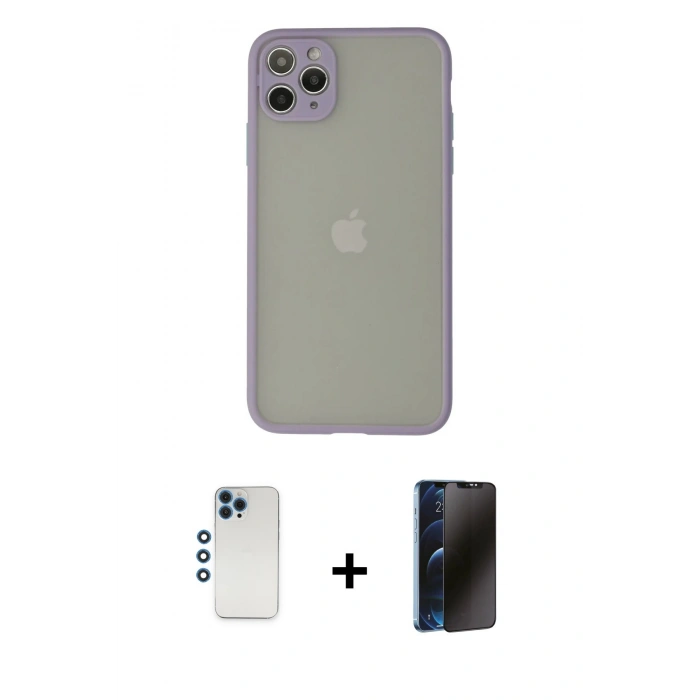 MARSİLYAN™- iPhone 12 Pro Kılıf Ahenk Çizgi Serisi - Siyah 3D Antistatik Hayalet Cam Ekran Koruyucu + Shine Kamera Lens - MI