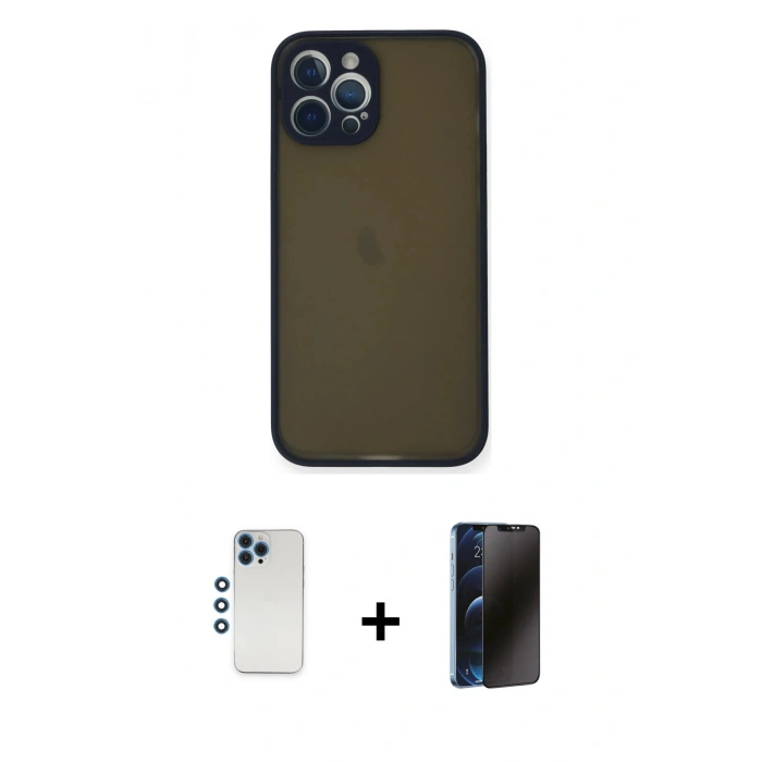 MARSİLYAN™- iPhone 12 Pro Kılıf Ahenk Çizgi Serisi - Siyah 3D Antistatik Hayalet Cam Ekran Koruyucu + Shine Kamera Lens - MI