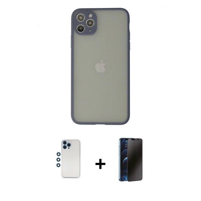 MARSİLYAN™- iPhone 12 Pro Kılıf Ahenk Çizgi Serisi - Siyah 3D Antistatik Hayalet Cam Ekran Koruyucu + Shine Kamera Lens - MI
