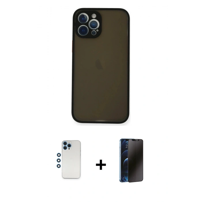 MARSİLYAN™- iPhone 12 Pro Kılıf Ahenk Çizgi Serisi - Siyah 3D Antistatik Hayalet Cam Ekran Koruyucu + Shine Kamera Lens - MI