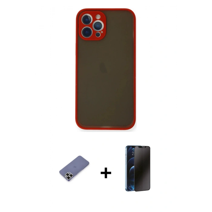 MARSİLYAN™- iPhone 12 Pro Kılıf Ahenk Çizgi Serisi - Siyah 3D Antistatik Hayalet Cam Ekran Koruyucu + Metal Kamera Lens Koruma Cam - GD