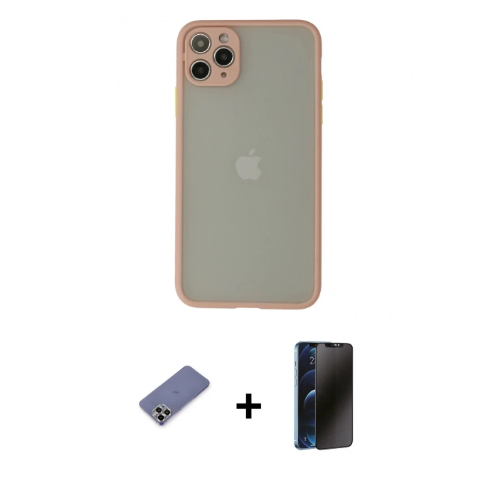 MARSİLYAN™- iPhone 12 Pro Kılıf Ahenk Çizgi Serisi - Siyah 3D Antistatik Hayalet Cam Ekran Koruyucu + Metal Kamera Lens Koruma Cam - GD