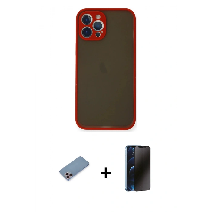 MARSİLYAN™- iPhone 12 Pro Kılıf Ahenk Çizgi Serisi - Siyah 3D Antistatik Hayalet Cam Ekran Koruyucu + Shine Kamera Lens Koruma Cam - PE
